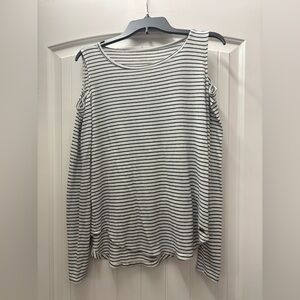 Hollister White and Black Striped Cold-Shoulder Long Sleeve Top